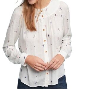 Anthropologie 23 of 52 Conversations Novelty Ski Winter Scene Button Up Blouse 4